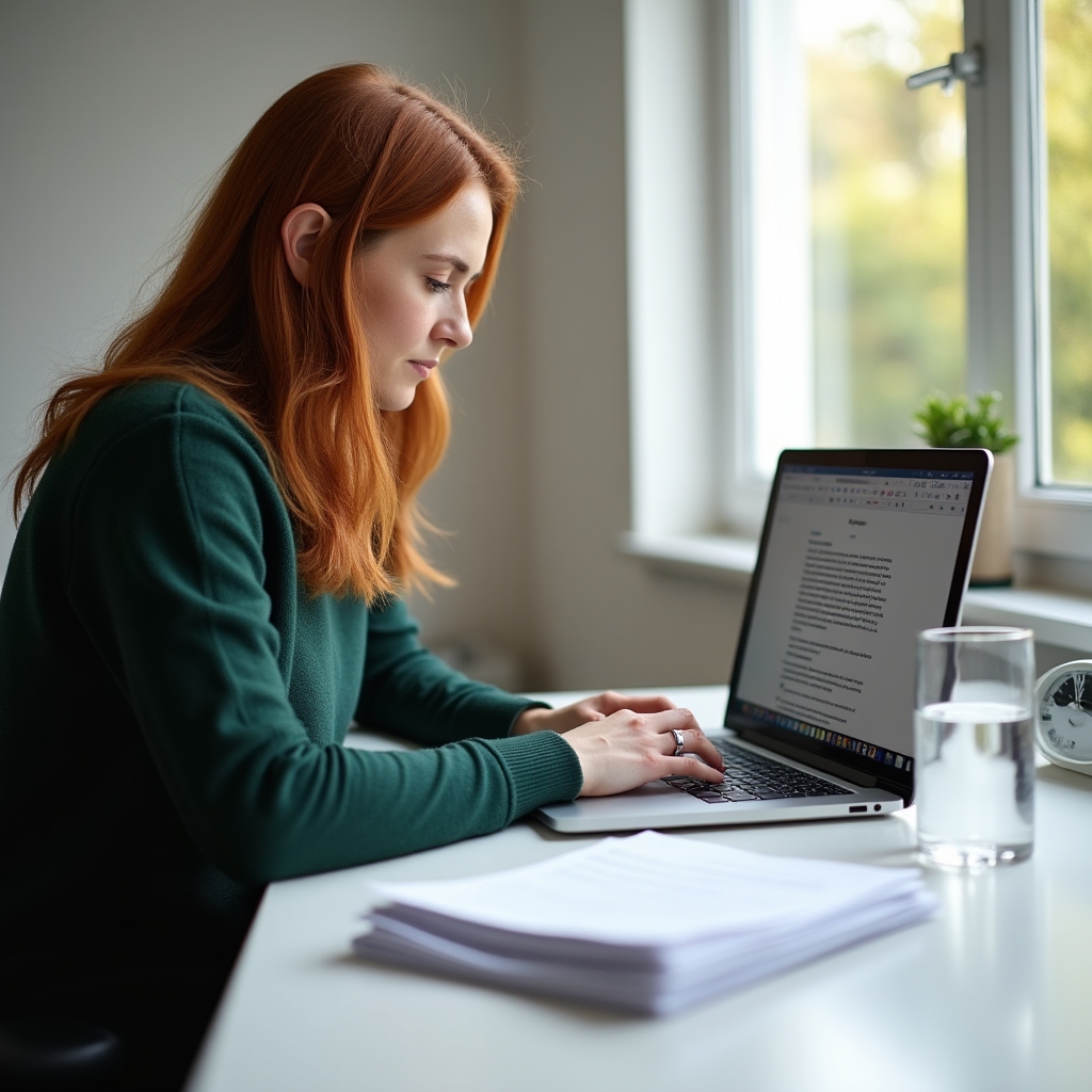Writer in focused deep work session surrounded by organized notes and open laptop in a clean modern workspace