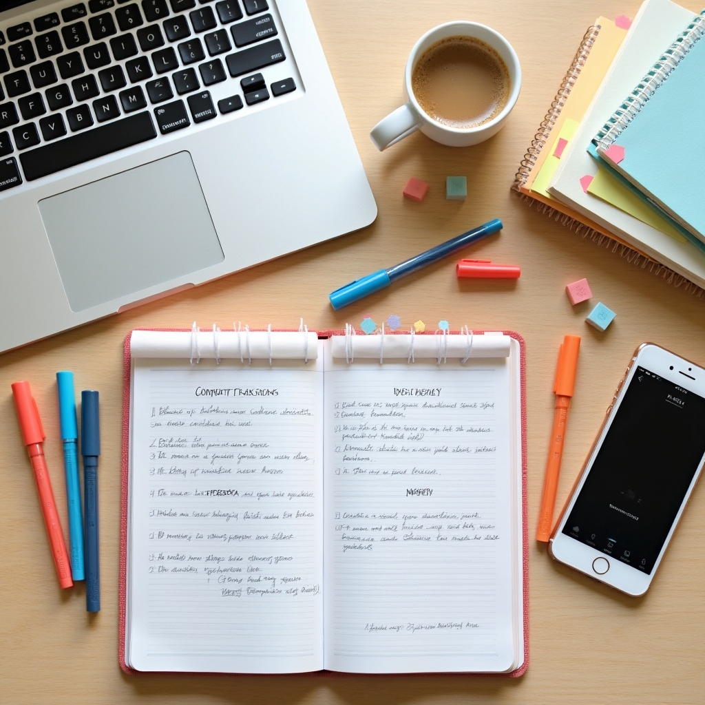 Content operator working at organized desk with research materials and planning tools visible