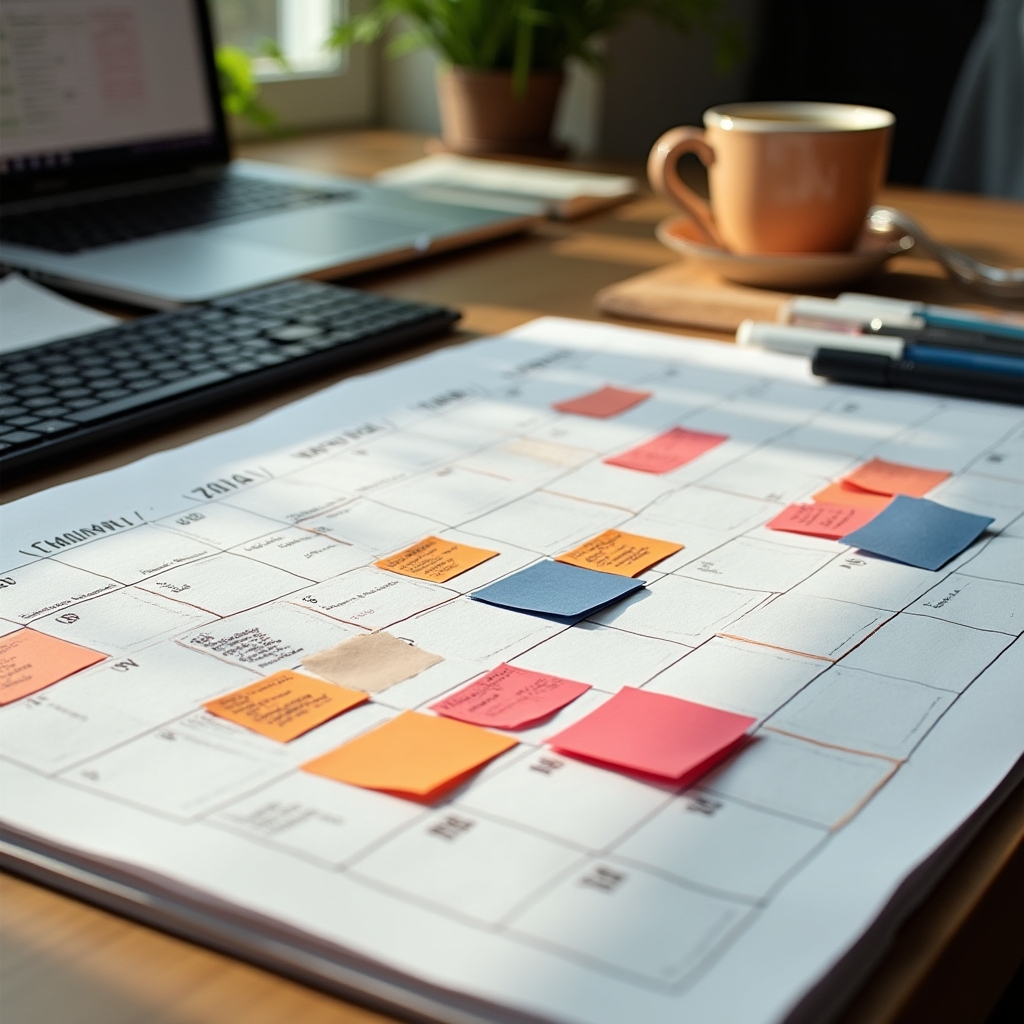 Organized content planning workspace with calendar and notes spread across a desk