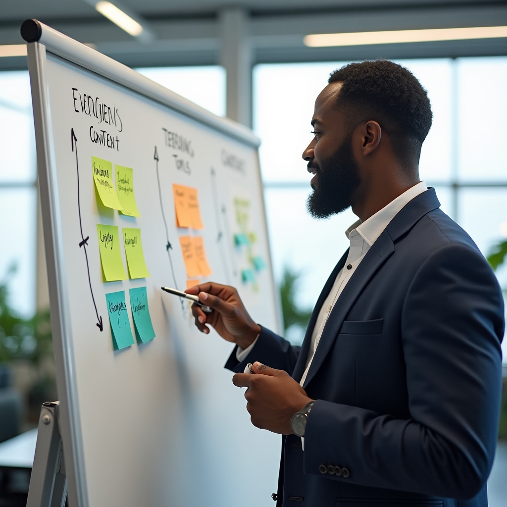 Content strategist organizing evergreen and trending content categories on a whiteboard