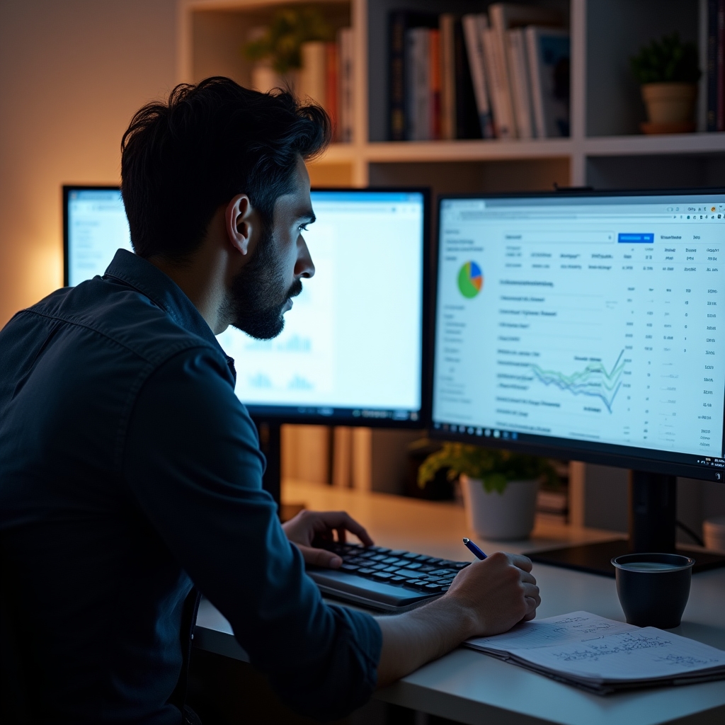 Professional analyzing keyword research data on dual monitors in a home office setting