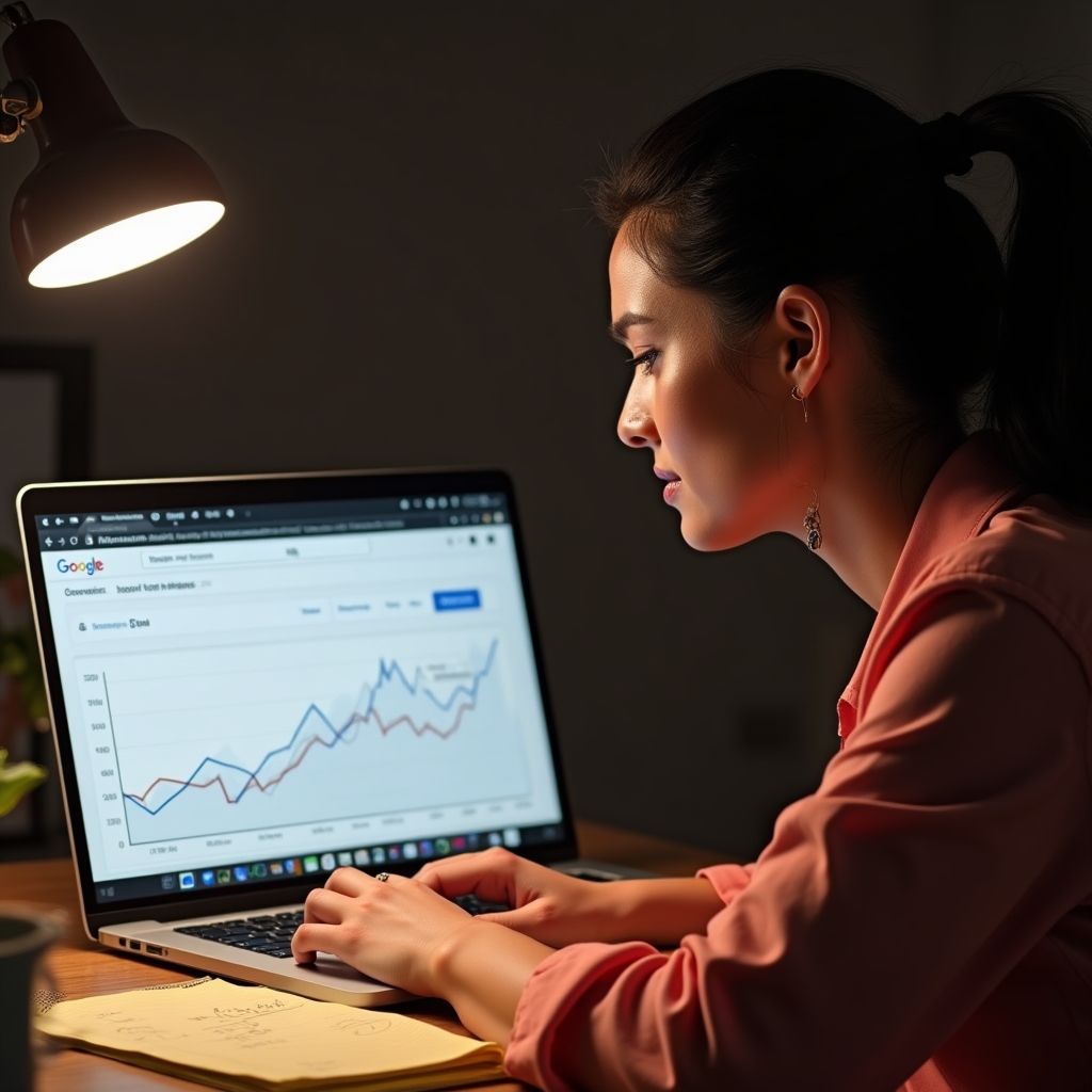 Content analyst reviewing analytics dashboard showing low traffic post with strategic notes nearby
